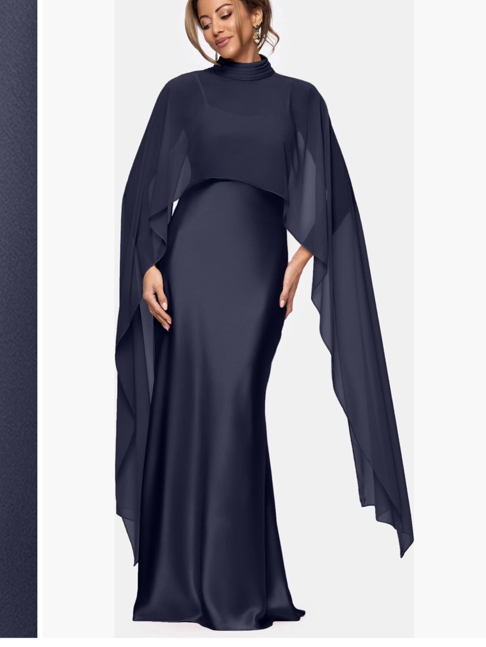 Xscape Evenings Laura Satin Gown Chiffon Overlay Sheer Shawl in Navy Blue 7521X - Picture 3 of 13
